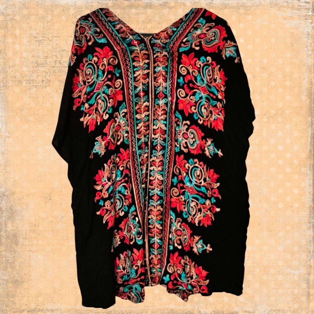 Boho vibes!!! Umgee Black Kimono with Red and Teal Embroidery - Picture 2 of 8